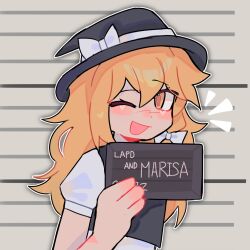 Rule 34 | 1girl, arleccluv, barbie (franchise), barbie (live action), barbie mugshot (meme), blonde hair, bow, character name, commentary, english commentary, hat, hat bow, height mark, highres, holding, holding sign, ibispaint (medium), kirisame marisa, long hair, looking at viewer, meme, mugshot, one eye closed, open mouth, sign, smile, solo, touhou, upper body, yellow eyes