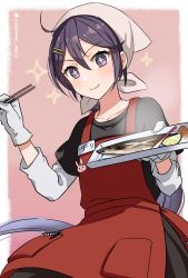 Rule 34 | + +, 1girl, ahoge, akebono (kancolle), animal print, apron, bandana, chopsticks, commentary request, fish, food, fruit, gloves, hair between eyes, hair ornament, hairclip, highres, holding, holding food, kantai collection, lime (fruit), lime slice, long hair, long sleeves, low ponytail, natsume (natsume melio), pink background, purple eyes, purple hair, rabbit print, saury, smile, solo, twitter username, upper body, white background, white gloves
