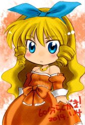 Rule 34 | 1girl, artist request, blonde hair, bow, breasts, brown eyes, calamity jane, detached sleeves, dress, drill hair, hair ribbon, hairband, long hair, open mouth, orange dress, ribbon, sidelocks, small breasts, solo, source request, waist bow, wild arms, wild arms 1