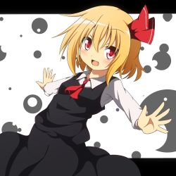 Rule 34 | 1girl, ascot, blonde hair, blush, darkness, do (4-rt), fang, female focus, hair ribbon, letterboxed, long sleeves, looking at viewer, open mouth, outstretched arms, red eyes, ribbon, rumia, shirt, short hair, skirt, skirt set, smile, solo, touhou, vest