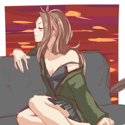 Rule 34 | 1girl, bare shoulders, breasts, brown hair, cardigan, couch, closed eyes, frilled skirt, frills, hairband, highres, hisa tsuki, idolmaster, idolmaster (classic), long hair, minase iori, miniskirt, open cardigan, open clothes, sitting, skirt, small breasts, solo, strap slip, sweater