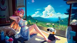 Rule 34 | 1girl, adjusting strap, against glass, arm up, armpits, ass, bad id, bad pixiv id, barefoot, blue eyes, breasts, brown hair, clickdraws, cloud, dog, dress, electric fan, flower, food, forest, glue, hair flower, hair ornament, highres, hose, indie virtual youtuber, kite, landscape, large breasts, legs, long hair, nature, ocean, one eye closed, original, panda, paw print, popsicle, rainbow, ramune, rory (admiral bahroo), samantha (admiral bahroo), scenery, see-through, shaved ice, sitting, sky, spaghetti strap, strap slip, summer, sunflower, sweat, tatami, tongue, tongue out, tree, triangle mouth, umeru (admiral bahroo), virtual youtuber, water, wind chime