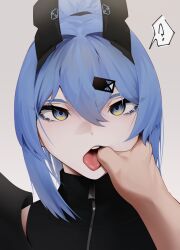 Rule 34 | 1boy, 1girl, ?, absurdres, blue hair, finger in another&#039;s mouth, hair between eyes, hair ornament, hairclip, highres, long hair, looking at viewer, multicolored eyes, open mouth, original, saki (the atko), solo focus, the atko, tongue