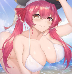 Rule 34 | 1girl, bare shoulders, beach, bikini, black hat, blue sky, blush, breasts, cleavage, collarbone, fang, hair ribbon, hand on headwear, hat, heterochromia, highres, hololive, houshou marine, large breasts, leaning forward, long hair, looking at viewer, ocean, pirate, red eyes, red hair, red ribbon, ribbon, shaggy susu, sky, smile, solo, sunlight, swimsuit, twintails, virtual youtuber, water, wet, white bikini, yellow eyes