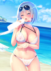 Rule 34 | 1boy, 1girl, absurdres, azur lane, beach, bikini, blush, breasts, cameltoe, censored, cleavage, cloud, cloudy sky, collarbone, covered erect nipples, cross, cum, cum in mouth, cum on body, cum on breasts, cum on hands, cum on lower body, cum on upper body, day, disembodied penis, eyewear on head, handjob, hetero, highres, iron cross, large breasts, looking at viewer, mosaic censoring, navel, noukatu, ocean, open mouth, penis, scarf, short hair, silver hair, skindentation, sky, solo focus, speech bubble, standing, sunglasses, swimsuit, tirpitz (azur lane), tirpitz (snow-melting summer) (azur lane), tongue, tongue out, white bikini