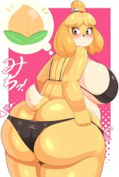 Rule 34 | 1girl, absurdres, animal crossing, ass, back, black panties, blush, bra, braffy, breasts, butt crack, dog girl, food, fruit, furry, furry female, hand on own hip, highres, huge ass, huge breasts, isabelle (animal crossing), nintendo, panties, peach, shih tzu, solo, tail, thighs, thought bubble, underwear