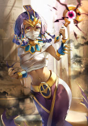 Rule 34 | 1girl, absurdres, arabian clothes, armlet, bad id, bad pixiv id, bandages, bracelet, breasts, commentary request, copyright request, covered mouth, cowboy shot, dark-skinned female, dark skin, egyptian art, egyptian clothes, feet out of frame, fingernails, forehead jewel, gold, hand up, harem pants, highres, holding, holding staff, jewelry, large breasts, looking at viewer, magic, mask, medium hair, meliyannn, midriff, mouth mask, navel, outdoors, pants, purple hair, purple pants, revision, sharp fingernails, solo, spikes, staff, standing, stomach, tagme, torn clothes, usekh collar, yellow eyes