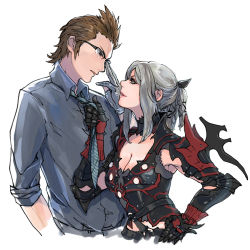 Rule 34 | 10s, 1boy, 1girl, aranea highwind, breasts, brown hair, cleavage, eye contact, final fantasy, final fantasy xv, fuyu (sssnx), glasses, gloves, grey hair, hand on own hip, ignis scientia, looking at another, necktie, square enix