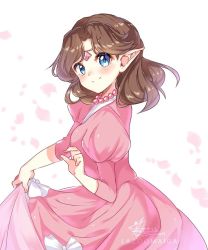 Rule 34 | 1girl, blue eyes, breasts, brown hair, dress, elf, grin, hand up, holding clothes, holding dress, jewelry, long hair, long sleeves, looking at viewer, necklace, nintendo, pink dress, pointy ears, princess zelda, retro artstyle, smile, solo, the legend of zelda, the legend of zelda (nes), tiara