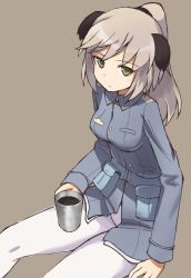 Rule 34 | 1girl, aiueo, animal ears, belt pouch, brown background, brown hair, cup, laura nissinen, military, military uniform, pantyhose, ponytail, pouch, simple background, solo, strike witches, strike witches: aurora no majo, uniform, white pantyhose, world witches series, yellow eyes
