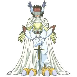 Rule 34 | 1boy, alternate form, bird feet, cape, claws, cloak, digimon, digimon (creature), digimon xros wars, feathers, full body, holding, holding sword, holding weapon, large hands, looking at viewer, muscular, official art, red fur, scan, silphymon, simple background, sword, toei animation, translation request, transparent background, visor cap, weapon, white cape, white feathers