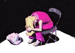 Rule 34 | 1girl, barbie (character), barbie (franchise), barbie (live action), black background, blonde hair, chair, depressed, hat, highres, meme, neon genesis evangelion, pants, pink footwear, pink pants, rainaru, sad, shinji in a chair (meme), solo, star (symbol)
