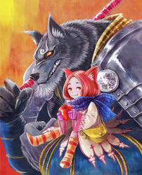 Rule 34 | 1girl, animal ears, apple, armor, bag, blue scarf, carrying, facial mark, fantasy, food, forehead mark, fruit, furry, furry female, furry male, handbag, kneehighs, matajirou (matagiro), mittens, original, polearm, red eyes, red hair, scarf, size difference, socks, striped clothes, striped socks, weapon, wolf, yellow eyes