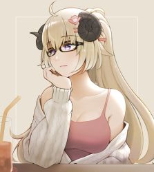 Rule 34 | ahoge, animal ears, armpit crease, bad id, bad pixiv id, bare shoulders, bespectacled, blonde hair, braid, breasts, bright pupils, camisole, cardigan, coaster, collarbone, cup, curled horns, drink, drinking glass, drinking straw, elbow on table, frown, glasses, hair ornament, hairclip, half updo, hand on own chin, highres, hololive, horns, large breasts, long hair, looking to the side, m r b, purple eyes, red camisole, sheep ears, sheep girl, sheep horns, simple background, tsunomaki watame, very long hair, virtual youtuber, white cardigan, white pupils