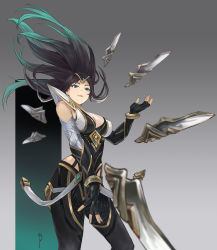 Rule 34 | 1girl, absurdres, bare shoulders, black hair, blurry, blurry foreground, breasts, chinese commentary, cleavage, closed mouth, fingerless gloves, floating, floating hair, floating object, floating weapon, gem, gloves, gold trim, gradient background, green eyes, green hair, hand up, highres, irelia, jewelry, knife, lan xiezi, league of legends, multicolored hair, signature, solo, streaked hair, two-tone hair, weapon