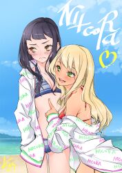 Rule 34 | 2girls, alessandra susu, beach, bikini, black hair, blonde hair, blue bikini, blue sky, blush, breasts, commentary request, day, embarrassed, green eyes, heart, jacket, long hair, looking at another, multiple girls, open clothes, open jacket, red bikini, sasetsu, sky, small breasts, smile, swimsuit, tan, teasing, tendouji musubi, tokyo 7th sisters, water, wavy mouth, yellow eyes