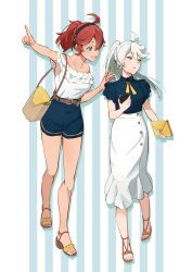Rule 34 | 2girls, absurdres, ahoge, alternate costume, alternate hairstyle, aqua eyes, bag, bare shoulders, belt, black hairband, blouse, blue shirt, blue shorts, brown belt, casual, collarbone, collared shirt, commentary request, frills, full body, gathers, grey eyes, gundam, gundam suisei no majo, hair between eyes, hairband, handbag, highres, holding, holding bag, holding phone, long hair, looking at another, miorine rembran, multiple girls, neck ribbon, open mouth, phone, pointing, ponytail, red hair, ribbon, sandals, shirt, short hair, shorts, shoulder bag, skirt, sleeveless, sleeveless shirt, standing, suletta mercury, swept bangs, takahasu kaoru, thick eyebrows, white shirt, white skirt, yellow ribbon