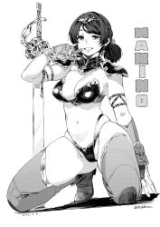 Rule 34 | 1girl, aihara akito, armor, artist name, asymmetrical gloves, bikini, blush, boots, breasts, commentary request, dated, earrings, fingernails, full body, gloves, greyscale, hair ornament, highres, jewelry, looking at viewer, medium breasts, medium hair, monochrome, navel, original, shoulder armor, simple background, sitting, smile, solo, stomach, swimsuit, sword, thighhighs, weapon