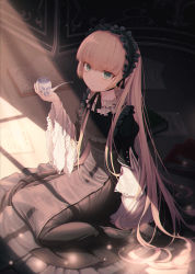 Rule 34 | 1girl, absurdres, black dress, blonde hair, blunt bangs, book, dlwhdals901, dress, frilled dress, frills, gosick, goth fashion, gothic lolita, green eyes, highres, holding, holding smoking pipe, light particles, lolita fashion, long hair, long sleeves, looking at viewer, paper, shade, sitting, smoking pipe, solo, very long hair, victorica de blois, wide sleeves, window shadow