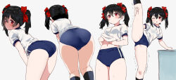 Rule 34 | 1girl, ass, black hair, blue buruma, breasts, buruma, clothes lift, commentary, from behind, gluteal fold, groin tendon, hair ribbon, highres, kneehighs, kneepits, kurokawa makoto, leaning forward, lifting own clothes, love live!, love live! school idol project, multiple views, navel, one eye closed, red eyes, red ribbon, ribbon, shirt, shirt lift, short sleeves, small breasts, smile, socks, split, standing, standing on one leg, standing split, thighs, trembling, twintails, white shirt, yazawa nico