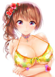 Rule 34 | 1girl, bad id, bad pixiv id, bikini, blush, breast hold, breasts, brown hair, cleavage, female focus, floral print, flower, frilled bikini, frills, front-tie top, hair flower, hair ornament, hibiscus, jewelry, koshika rina, large breasts, long hair, looking at viewer, necklace, original, print bikini, purple eyes, side ponytail, simple background, smile, solo, swimsuit, white background, wrist cuffs