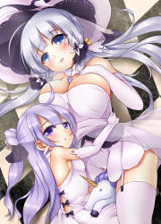 Rule 34 | 2girls, :d, absurdres, ahoge, azur lane, black bow, black ribbon, blue eyes, blush, bow, breasts, cleavage, commentary request, derivative work, dress, garter straps, hair bun, hair ornament, hat, highres, hug, illustrious (azur lane), large breasts, long hair, multiple girls, one side up, oooqqq, open mouth, parted lips, purple eyes, purple hair, ribbon, side bun, silver hair, single hair bun, single side bun, small breasts, smile, strapless, strapless dress, stuffed animal, stuffed toy, stuffed unicorn, thighhighs, unicorn (azur lane), very long hair, white dress, white hat, white legwear