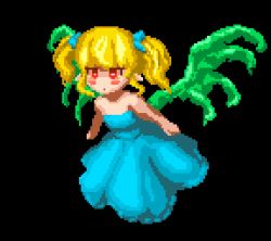 Rule 34 | 1girl, animated, animated gif, black background, blonde hair, blue dress, dress, floating, lowres, magic castle re pure aria, pixel art, red eyes, solo, twintails, wings, yomitim