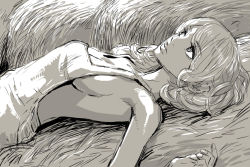 Rule 34 | 1girl, breasts, face, greyscale, hay, long hair, lying, mahito (tranjistor), monochrome, naked overalls, overalls, pants, sideboob, sketch, solo
