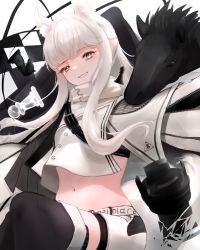 Rule 34 | 1girl, animal ears, arknights, black footwear, boots, chess piece, crop top, cropped jacket, grey eyes, grin, head tilt, highres, horse ears, jacket, knight (chess), long hair, long sleeves, looking at viewer, midriff, navel, pawn (chess), platinum (arknights), roki@, rook (chess), short shorts, shorts, simple background, sitting, smile, solo, stomach, thigh boots, white background, white hair, white jacket, white shorts