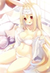 Rule 34 | :d, absurdres, animal ears, blonde hair, blurry, blush, bow, bow bra, bra, breasts, cleavage, collarbone, cynthia riddle, frilled headband, frills, head tilt, headband, highres, lace, lace-trimmed bra, lace-trimmed panties, lace trim, light blush, long hair, looking at viewer, medium breasts, navel, no pants, off shoulder, open clothes, open mouth, open shirt, original, p19, panties, rabbit ears, red eyes, seiza, shirt, sitting, smile, solo, underwear, undressing, very long hair, virtual youtuber, white bra, white headband, white panties, white shirt