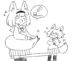 Rule 34 | &gt; &lt;, 2girls, :d, ^ ^, animal ear fluff, animal ears, between legs, blush, closed eyes, commentary, english commentary, fox ears, fox girl, fox tail, greyscale, hairband, latenight, laughing, long sleeves, monochrome, multiple girls, neckerchief, open mouth, original, pleated skirt, sailor collar, school uniform, serafuku, shirt, simple background, sketch, skirt, sleeves past wrists, smile, sparkle, spoken object, tail, tears, thighhighs, toothbrush, toothpaste, white background, xd