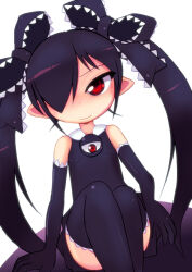 Rule 34 | 1girl, backbeako (torotei), backbeard, black dress, black gloves, black hair, black ribbon, black thighhighs, blush, closed mouth, commentary, dress, elbow gloves, english commentary, feet out of frame, gegege no kitarou, gloves, hair over one eye, hair ribbon, half-closed eye, long hair, looking at viewer, mixed-language commentary, original, pointy ears, red eyes, ribbon, ringed eyes, simple background, sitting, sleeveless, sleeveless dress, solo, thighhighs, torotei, twintails, white background