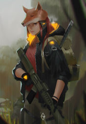 Rule 34 | 1girl, absurdres, bad anatomy, black gloves, black hoodie, closed mouth, closed eyes, fahmi fauzi, fog, fox, fox hat, gloves, glowing, grass, grey eyes, gun, hat, highres, holding, holding gun, holding weapon, hood, hoodie, jewelry, medium hair, necklace, original, pink lips, rain, red hair, red shirt, shirt, signature, sleeves rolled up, solo, standing, sword, tree, weapon, weapon on back, zipper
