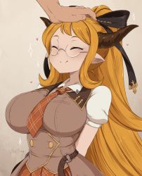 Rule 34 | 1girl, arms behind back, between breasts, black bow, blonde hair, bow, breasts, brown horns, brown vest, closed eyes, draph, glasses, granblue fantasy, hair bow, hand on another&#039;s head, headpat, highres, horns, large breasts, long hair, merunyaa, necktie, necktie between breasts, plaid, plaid necktie, plaid skirt, pointy ears, ponytail, puffy short sleeves, puffy sleeves, rimless eyewear, round eyewear, sarya (granblue fantasy), short sleeves, shortstack, sidelocks, skirt, smile, solo focus, very long hair, vest