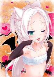 Rule 34 | 1girl, ;p, ahoge, animal, animal ear fluff, animal ears, ass, azur lane, bandages, bat (animal), black wings, blush, brown gloves, cat ears, chest sarashi, commentary request, demon tail, demon wings, elbow gloves, fang, fingerless gloves, fingernails, flat chest, forehead, gloves, green eyes, halloween, hands up, heart, highres, kirisame mia, long hair, looking at viewer, naked bandage, navel, one eye closed, parted bangs, red background, revision, sarashi, sims (azur lane), solo, tail, tail raised, tongue, tongue out, trick or treat, two side up, very long hair, white hair, wings