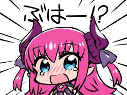 Rule 34 | 10s, 1girl, :o, blue eyes, blush, chan co, chibi, commentary request, elizabeth bathory (fate), elizabeth bathory (fate/extra ccc), emphasis lines, fate/extra, fate/extra ccc, fate (series), horn ornament, horns, long hair, looking at viewer, pink hair, pointy ears, solo, surprised, tears, translation request, white background, wide-eyed