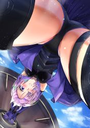 Rule 34 | 1girl, amane sora, armor, armored dress, ass, bent over, black leotard, black thighhighs, breastplate, clenched teeth, cloud, day, elbow gloves, fate/grand order, fate (series), from below, gloves, hair over one eye, highres, legs apart, leotard, looking down, mash kyrielight, outdoors, purple eyes, purple gloves, purple hair, shield, short hair, sky, solo, teeth, thigh strap, thighhighs, thighs