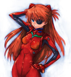 Rule 34 | 10s, 1girl, arm behind head, blue eyes, bodysuit, boyaking, curvy, evangelion: 3.0 you can (not) redo, eyepatch, grin, hand on own hip, hip focus, latex, lips, long hair, neon genesis evangelion, plugsuit, rebuild of evangelion, red hair, shiny clothes, skin tight, smile, solo, souryuu asuka langley, very long hair, wide hips