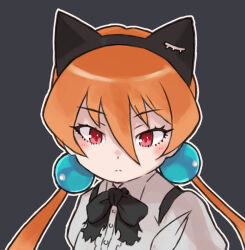 Rule 34 | 1girl, alisa southerncross, animal ears, black background, black necktie, bow, bowtie, cat ears, closed mouth, extra ears, hair ornament, highres, keroro gunsou, long hair, looking at viewer, necktie, orange hair, red eyes, shirt, simple background, suspenders, toriny, twintails, white shirt
