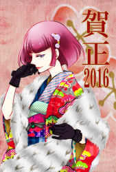 Rule 34 | 1girl, 2016, black gloves, blue eyes, from side, fur-trimmed shawl, fur trim, gloves, gundam, haman karn, japanese clothes, kimono, layered clothes, layered kimono, masaki3, pink hair, print kimono, shawl, short hair, smile, solo, unmoving pattern, zeta gundam
