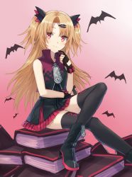 Rule 34 | 1girl, akatsuki uni, animal, bare shoulders, bat (animal), black dress, black footwear, black gloves, black thighhighs, blonde hair, book, boots, bow, closed mouth, dress, gloves, gradient background, hair between eyes, hair ornament, hairclip, head tilt, high heel boots, high heels, highres, long hair, oversized zipper, parted bangs, partially fingerless gloves, pink background, pleated dress, red bow, red eyes, sitting, sleeveless, sleeveless dress, smile, solo, somechime (sometime1209), thighhighs, two side up, uni create, very long hair, virtual youtuber, white background, zipper pull tab