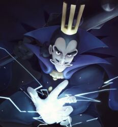 Rule 34 | 1boy, black eyes, black hair, cape, club, club (weapon), commentary request, crown, desha (ousama ranking), electricity, electrokinesis, facial hair, highres, holding club, huge weapon, long sleeves, looking at viewer, male focus, mustache, ousama ranking, purple cape, smile, solo, spiked club, waataaanaaaaabe, weapon, widow&#039;s peak