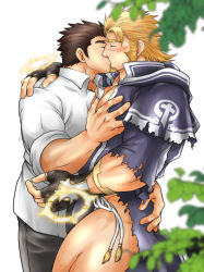Rule 34 | 2boys, bara, beard, blush, brown hair, commission, couple, facial hair, grabbing, jacob (housamo), kiss, large pectorals, long sideburns, male focus, manly, protagonist 3 (housamo), multiple boys, muscular, pectoral grab, pectorals, revealing clothes, skeb commission, sunfight0201, thick eyebrows, thick thighs, thighs, tokyo houkago summoners, torn clothes, upper body, yaoi