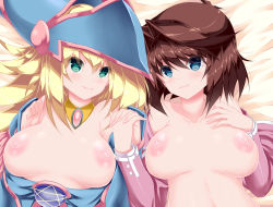 Rule 34 | 2girls, alternate breast size, blue eyes, blue headwear, blush, blush stickers, breasts, breasts out, brown hair, calcio, collarbone, dark magician girl, domino high school uniform, duel monster, green eyes, hair between eyes, highres, holding hands, jewelry, large breasts, long hair, looking at viewer, lying, mazaki anzu, multiple girls, necklace, nipples, on back, open clothes, pentagram, school uniform, short hair, smile, yu-gi-oh!, yuri
