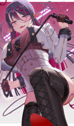 Rule 34 | 1girl, absurdres, amahara subaru, black hair, black necktie, black thighhighs, blush, braid, breasts, colored inner hair, cropped jacket, demon tail, earrings, from below, gloves, half gloves, highres, holding, holding whip, jacket, jewelry, large breasts, looking at viewer, multicolored hair, necktie, open clothes, open jacket, open mouth, original, pointy ears, red hair, solo, stud earrings, tail, thighhighs, two-tone hair