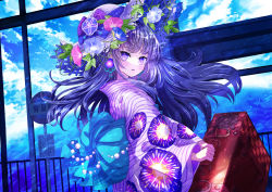 Rule 34 | 1girl, black hair, blue sky, blush, cloud, cloudy sky, earrings, floating hair, floral print, flower, flower earrings, hat, highres, holding, japanese clothes, jewelry, kimono, leaf, long hair, looking at viewer, morning glory, morning glory print, original, parted lips, plant, print kimono, purple eyes, purple flower, purple hat, purple kimono, sky, solo, striped clothes, striped kimono, tarou umebosi, upper body, virtual youtuber, yukata