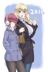Rule 34 | 10s, 2016, 2girls, alternate costume, aqua eyes, atago (kancolle), bag, belt, black legwear, blonde hair, blush, bottomless, breasts, breath, brown eyes, brown hair, buttons, casual, coat, collar, duffel bag, handbag, hands in pockets, highres, jewelry, kantai collection, large breasts, long hair, long sleeves, looking at viewer, mizuumi (bb), multiple girls, open mouth, pantyhose, ribbed sweater, ring, short hair, smile, steam, sweater, wedding band, z3 max schultz (kancolle)