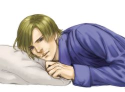 Rule 34 | 1boy, anderain, blonde hair, blue eyes, blue shirt, curtained hair, facial hair, highres, leon s. kennedy, looking at viewer, lying, male focus, on bed, pillow, resident evil, resident evil 6, shirt, solo, stubble, unworn vest