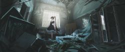 Rule 34 | 1girl, barred window, black dress, black hair, brick wall, cabinet, dress, high ponytail, highres, indoors, light particles, long hair, messy room, miyoshi nao (miyoshist), multicolored hair, original, plank, ponytail, red eyes, red hair, scenery, solo, streaked hair, two-tone hair, very long hair