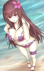 Rule 34 | 1girl, alternate costume, anklet, beach, bikini, bracelet, breasts, brown hair, cleavage, elfenlied22, fate/grand order, fate (series), flower, from above, hair flower, hair intakes, hair ornament, hand in own hair, hibiscus, highres, jewelry, large breasts, bridal garter, long hair, looking at viewer, nail polish, outdoors, pink bikini, purple bikini, red eyes, sandals, scathach (fate), scathach (fate), scathach (swimsuit assassin) (fate), shore, smile, solo, standing, swimsuit, water